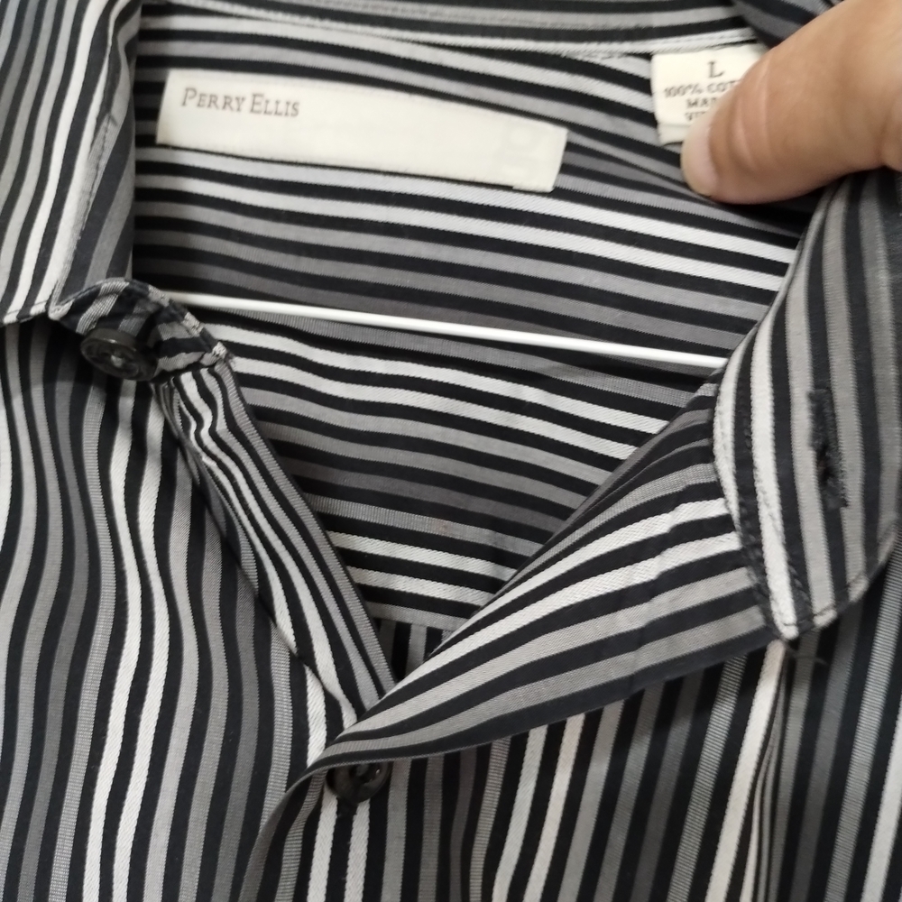Perry Ellis Silver Black and White Striped Shirt Button Down